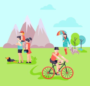 Different people in park with dogs vector illustration. Family with child girl young man on bicycle. Place for walking dogs and outdoor activities. Mountain background.