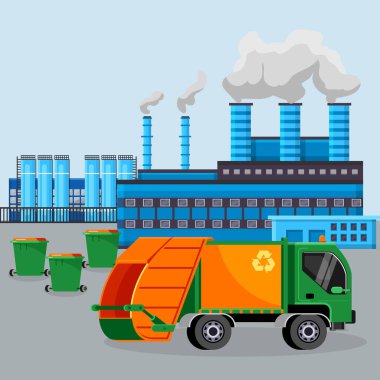 Garbage car on smoking factory industry chimneys background vector illustration. Waste sorting containers. Environmental toxic pollution, waste removal and recycling.