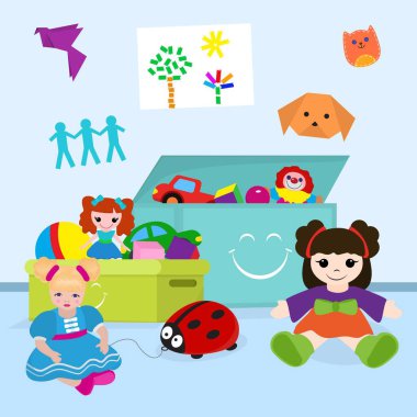 Boxes full of toys for girl vector illustration. Childrens toys for babies cute dolls, clown, ball, cars, ladybug. Kids playroom with drawings, crafts.