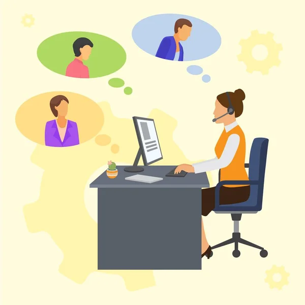 Online customers support service call centre and helping woman consultant vector illustration. — ストックベクタ