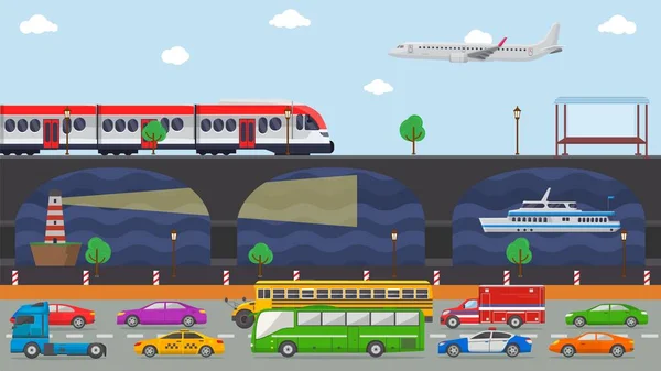 Conceito de transporte urbano ilustração vetorial. Estrada urbana aterro carros de transporte de rua, ônibus, tráfego de caminhões. Ferroviário, comboio, avião, navio, farol, navegação . —  Vetores de Stock