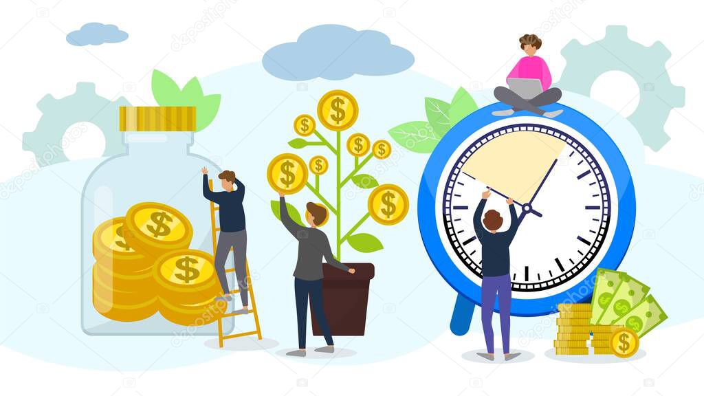 Time and finance management, money saving, banking services business vector illustration.
