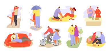 Couples of loving people together daily activities vector illustration isolated set.