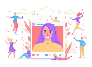 People chatting texting communicate selfie portrait on social networks by smartphones blogger podcast vector illustration.