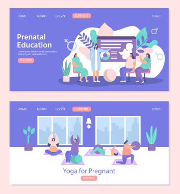 Pregnant women exercises fitness, yoga, prenatal education vector illustration web set.