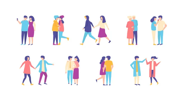 Couples walking people set casual men and women together vector illustration isolated. — Stok Vektör