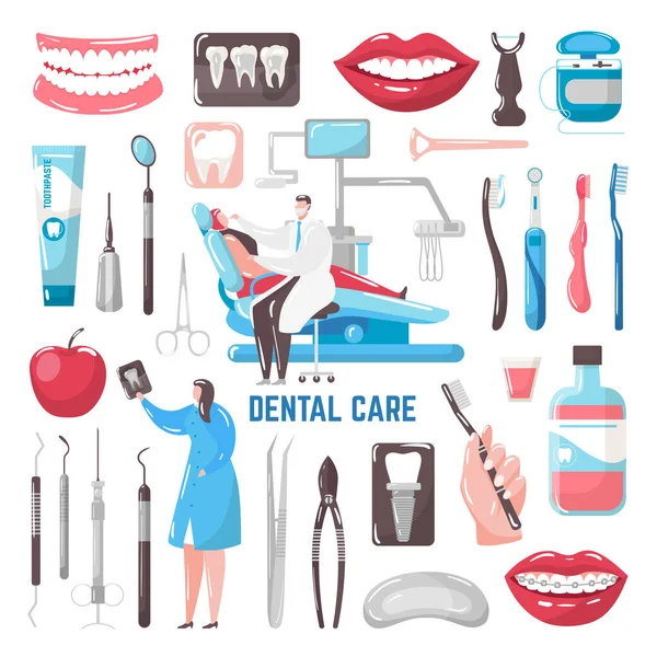 Векторная иллюстрация стоматологического ухода, зубы, зубная паста и щетка, стоматолог, набор гигиены . — стоковый вектор