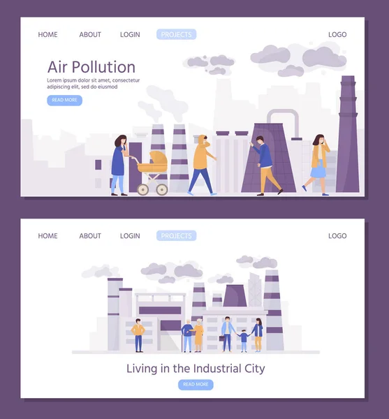 Emberek szennyezett ipari város vektor illusztráció honlap internetes kezdőlap. — Stock Vector