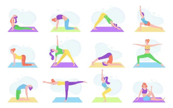 Niñas practicando yoga en varias asanas vector ilustración aislado conjunto . — Vector de stock
