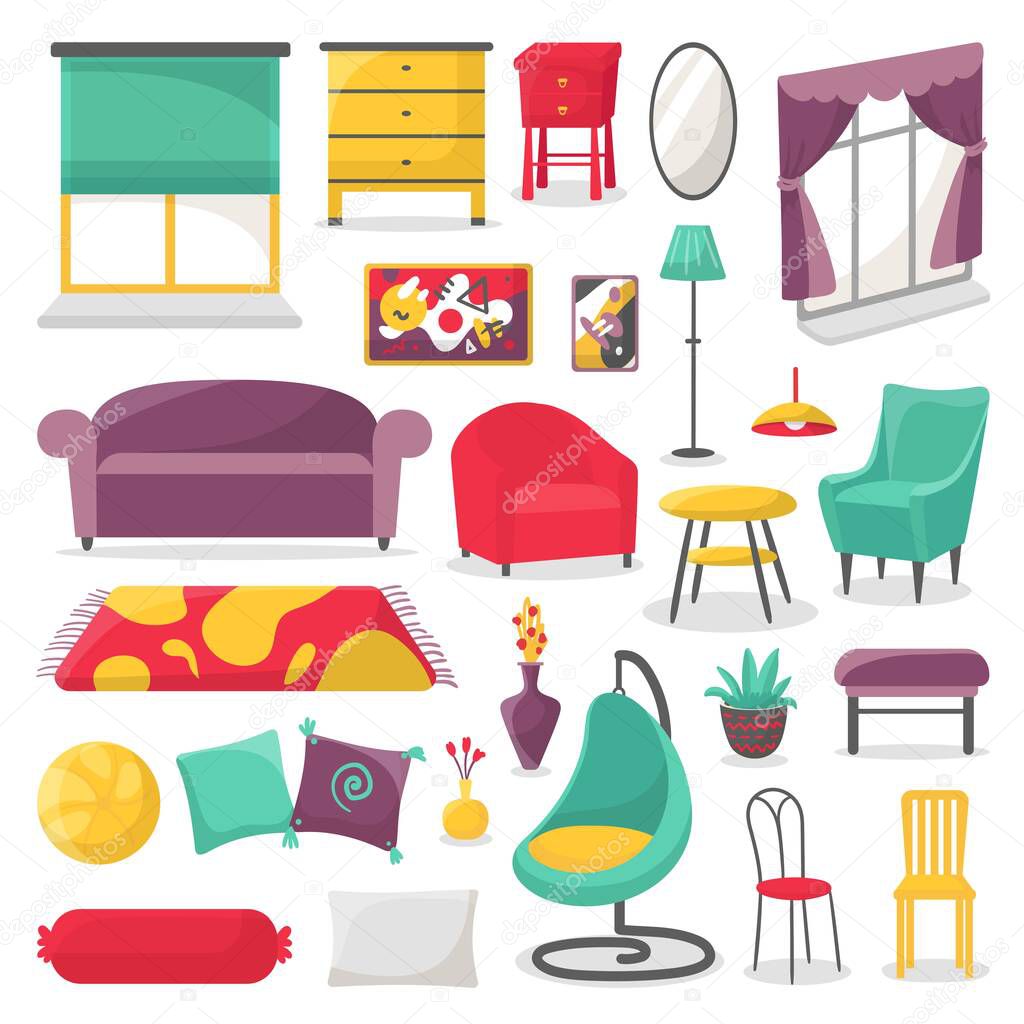 Living room furniture and home interior decor vector illustration isolated set.