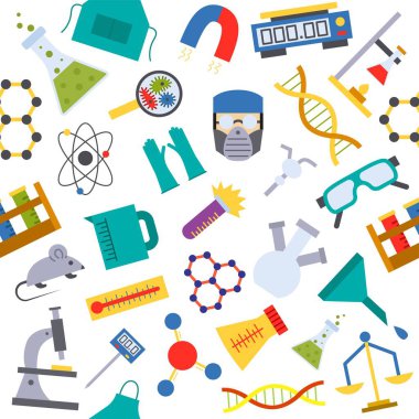 Kimya biyolojisi deneyi. Kusursuz model vektör çizimi araştırması. Bilimsel tıp laboratuarı koleksiyonu. Ekipman dni atom molekülünü şişirir.