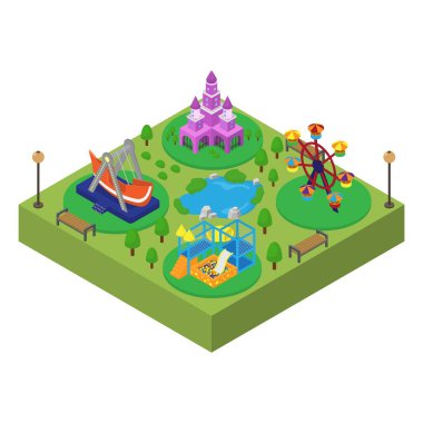 Lunapark izometrik vektör çizimi izole edildi. Prenses kalesi, salla, kay, dönme dolap. Çocuklar için eğlence eğlence alanı.