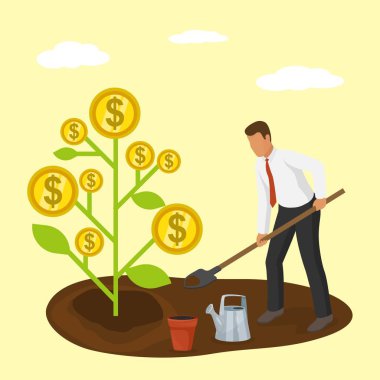 İşadamı altın dolar, para ağacı, vektör illüstrasyonları eker. İş elbiseli bir adam, kürek, esrar, sulama kutusu. Yatırım mevduatları gelir büyümesi kavramını oluşturur.