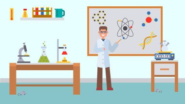 Sınıfın vektör illüstrasyonunda kimya dersi. Erkek öğretmen tahtada açıklıyor. Okul eğitimi. Kimyasal deneyler için ekipman. Atomlar molekülleri.