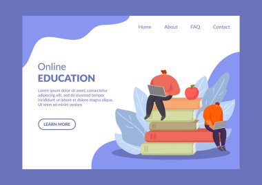Çevrimiçi eğitim vektörü illüstrasyon web sitesi, dizüstü bilgisayarlı ve kitaplı insanları incelemek.
