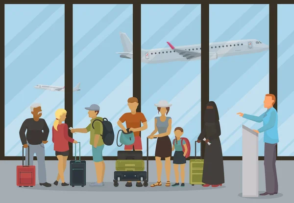 Відправлення терміналу аеропорту або зал реєстрації Векторні ілюстрації. Люди з квитками і багажем чекають відкриття лічильника реєстрації воріт . — стоковий вектор