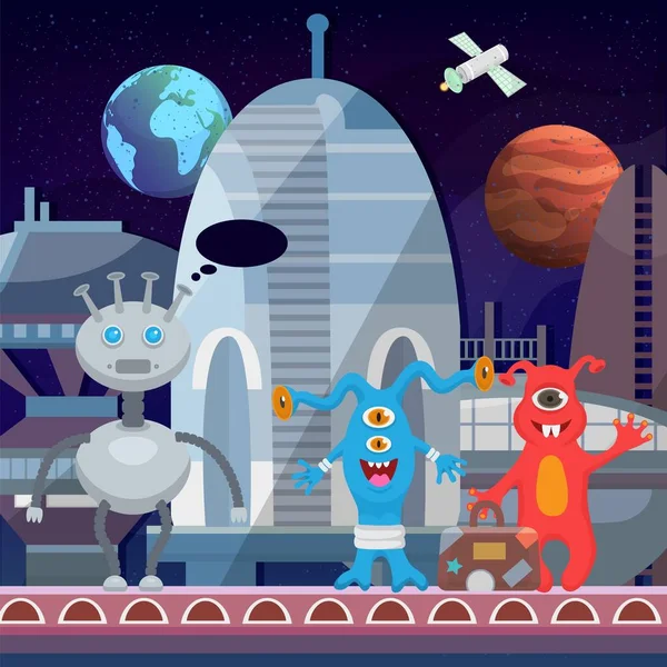 Εξωγήινα κινούμενα σχέδια χαρούμενα τέρατα στο Cosmoport διαστημόπλοιο διανυσματική απεικόνιση. Χαριτωμένο τερατώδες καλωσόρισμα αστεία χαρακτήρες παιδιά Απόκριες κάρτα σχεδιασμό αφίσα. — Διανυσματικό Αρχείο