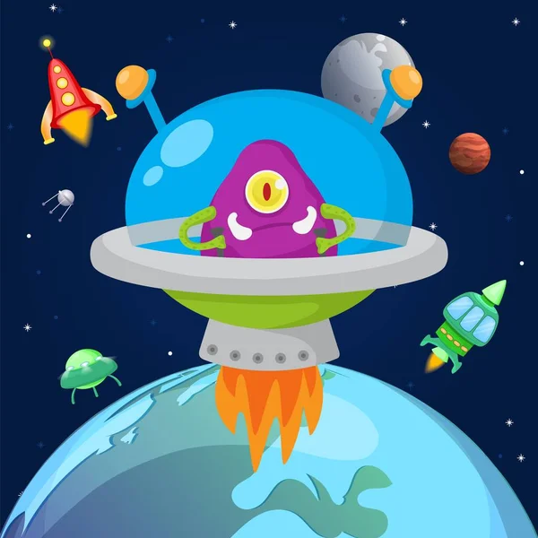 Alien un monstruo de ojos volando en el espacio en la ilustración vectorial nave espacial. Dibujos animados lindo personaje monstruoso en el diseño de Halloween cosmos niños. Ufo, planetas, estrellas, satélites . — Vector de stock