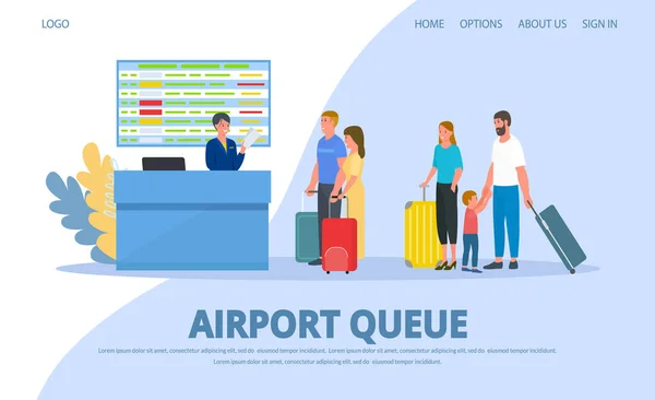 Aeropuerto, cola para comprobar en el mostrador de registro, personas pasajeros vector ilustración web . — Vector de stock