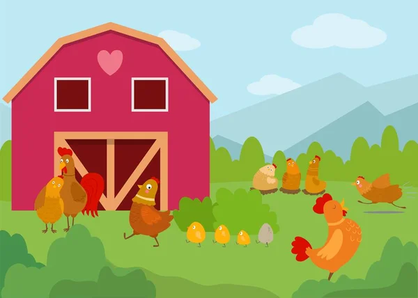 Galinhas, galos e filhotes ilustração vetorial. Pássaros engraçados de desenhos animados andando, de pé, sentado e correndo na grama no quintal perto de fazenda casa coop . —  Vetores de Stock