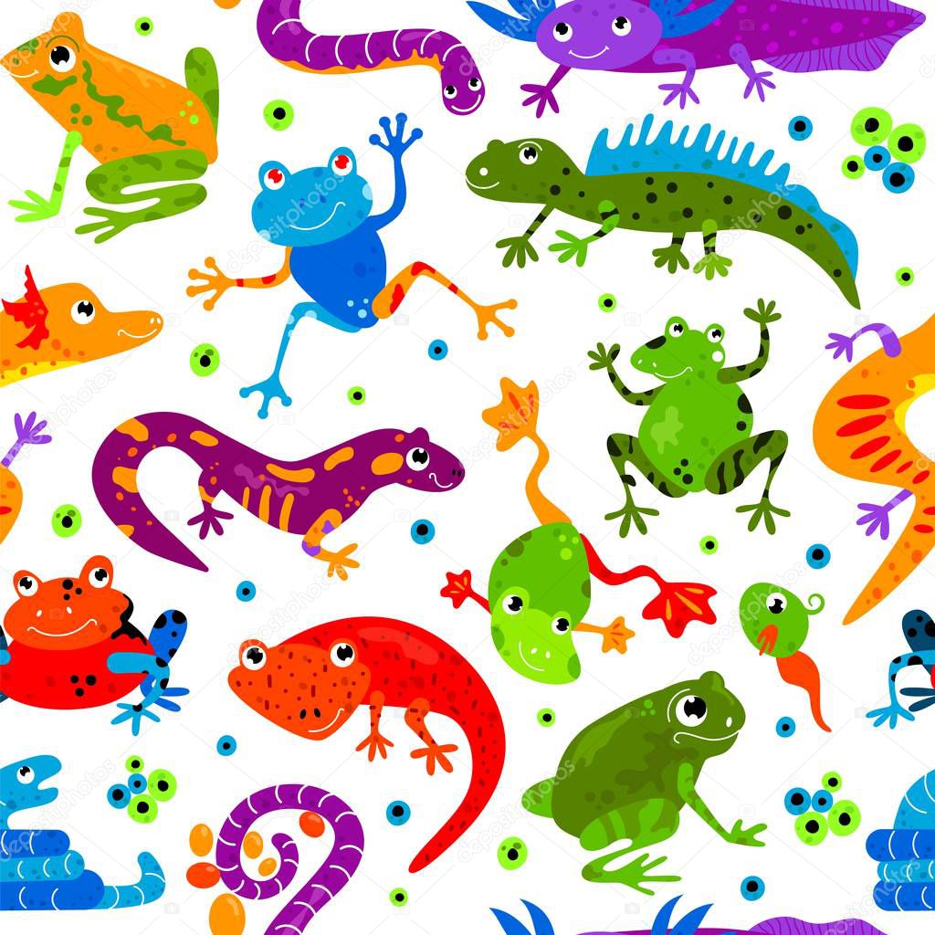 Seamless pattern wild cute cartoon animal flat isolated vector illustration. Amphibians reptiles lizard frog snake gecko triton decoration background.