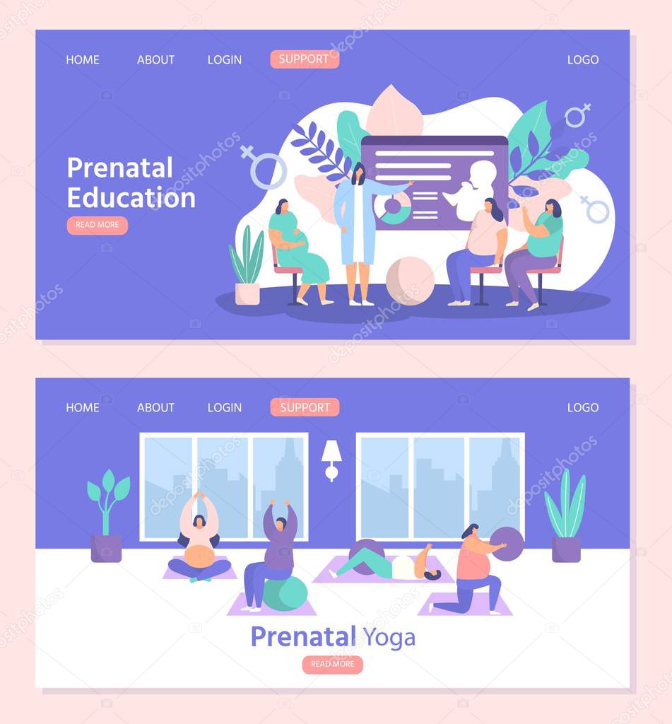 Pregnant women exercises fitness, yoga, prenatal education vector illustration web set.