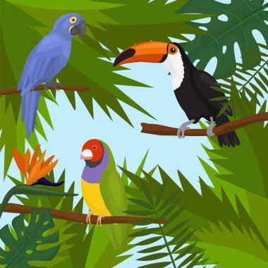 Tropical exotic nature cartoon birds and plants vector illustration. Summer green rainforest foliage and colorful parrots sitting on branches toucan, macaw.