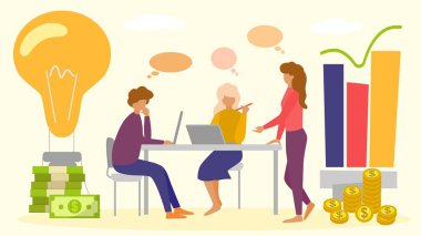 Business startup solutions analytics vector illustration concept. Creative ideas, researching, calculating project strategy business development discussion teamwork.