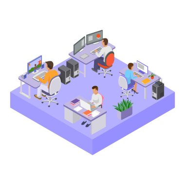 Office people in workspace vector illustration isometry. Open space office room. Man woman colleagues coworkers employees at job. Desktops, chairs, computers.