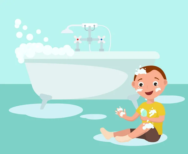 Happy cheerful smiling boy in bathroom vector illustration. Child with bar of soap sitting on floor puddle in bathroom near tub filling with foamy water. — Stock Vector