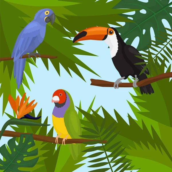 Tropical exótica naturaleza dibujos animados aves y plantas vector ilustración. Verano verde follaje selva tropical y loros de colores sentados en ramas tucán, guacamayo . — Vector de stock