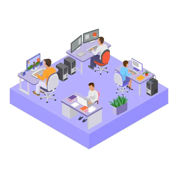 Office people in workspace vector illustration isometry. Open space office room. Man woman colleagues coworkers employees at job. Desktops, chairs, computers. — Stock Vector