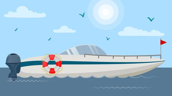 Illustration vectorielle de bateau à moteur flottant plat. Bateau yacht bateau avec bouée de sauvetage à l'eau du lac océan de mer. Luxe vacances sport marine loisirs voyage transport . — Image vectorielle