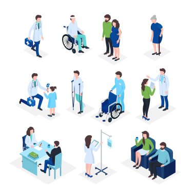 Isometric doktorlar ve hastalar sağlık sigortası, hastanede ilaç sigortası, sağlık personeli 3D vektör illüstrasyonu.
