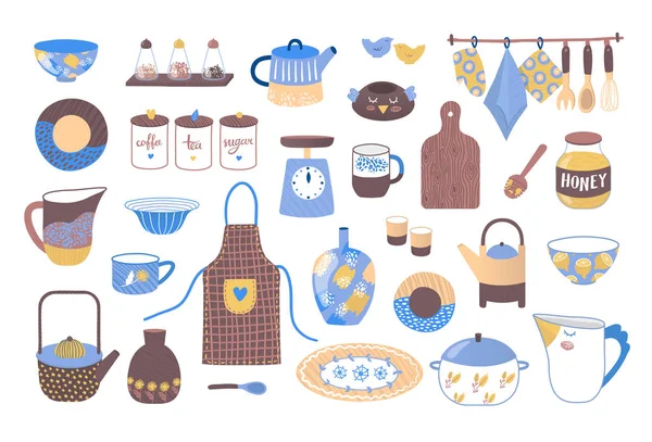 Utensilios de cocina decorativos para cocinar, colección de vajilla de cocina de cerámica vector ilustración . — Archivo Imágenes Vectoriales