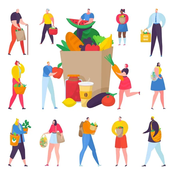 Eco amigable gente de compras con caja de papel llena de verduras orgánicas vector ilustración . — Archivo Imágenes Vectoriales
