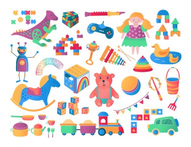 Çocuklar ve çocuklar oyuncaklar ikon koleksiyonu çizgi film vektör çizimleri.
