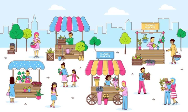 Fleurs marché de rue avec des personnes vendant et faisant du shopping plantes et fleurs chez les fleuristes sur la rue, illustration vectorielle de ligne de dessin animé . — Image vectorielle