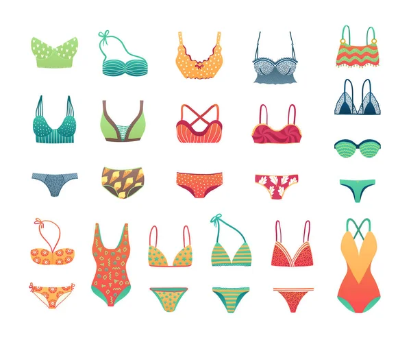 Sommar strand bikini och badkläder set, flickor och kvinnor underkläder underkläder vektor illustration. — Stock vektor