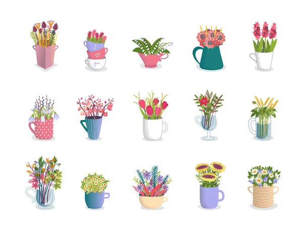 マグカップの多色の花、チューリップ、ラン、ユリ、デイジー、ひまわりの花のカップベクトルイラストセット. — ストックベクタ
