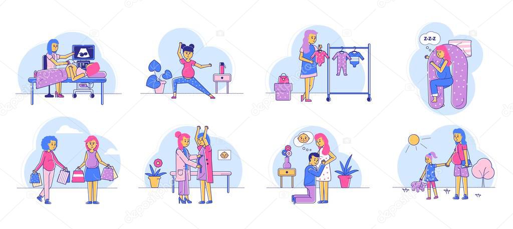 Pregnant lineart woman routine day, happy pregnancy time vector illustration flat set.