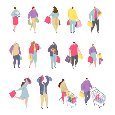 Isome insanları alışveriş adamı ve kadın karakter şablonu alışveriş sepetleri ve çanta vektör çizimleri ile.