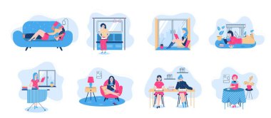 Kitap okuyan insanlar, poz veren kitaplarla belirlenmiş karakterler, izole edilmiş vektör illüstrasyonu..