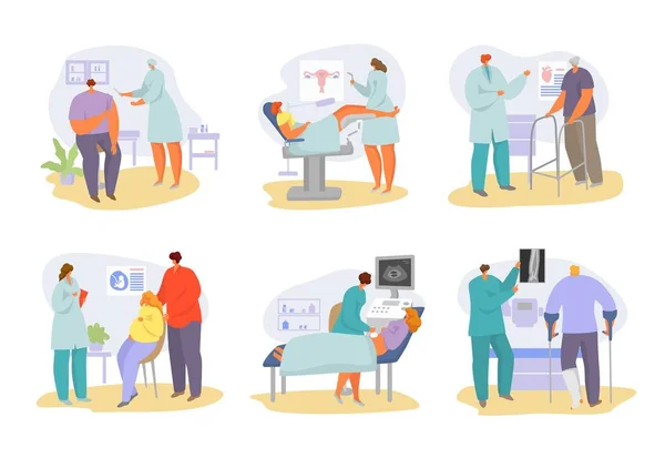 Consulta médica com pacientes em hospital e consulta médica em clínica ilustração vetorial . —  Vetores de Stock