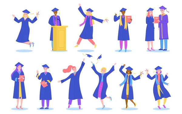 School of hogeschool afstuderen studenten geïsoleerd op witte achtergrond vector illustraties. — Stockvector