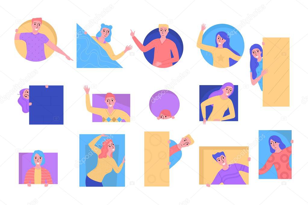 Curious people peeping out set, young men and women looking out of geometric figures vector Illustration.