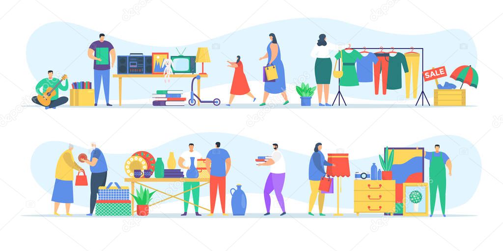 People at flea market, man and woman selling old secondhand stuffs at market fair shops flat vector illustration.