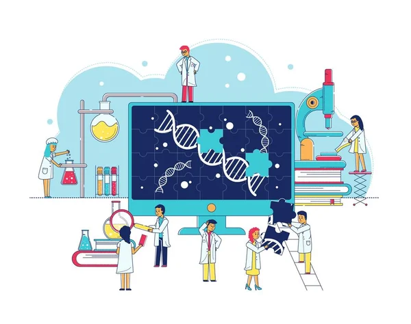 Genetyczne laboratorium badawcze biotechnologii, naukowcy badają DNA, biochemiczne wnętrze laboratorium płaski wektor ilustracji. — Wektor stockowy