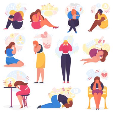 Depresyondaki üzgün kadın vektör çizimi ile ilgili. Mutsuz bir kadının başı dertte, depresyon, negatif duygular ve ağlama. Depresyondaki, hastalıktaki ya da kalbi kırık kadınların düz karakterleri.