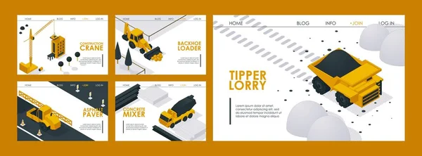 Bouwmachines website ontwerp vector illustratie. Landing pagina bouw transport kraan, graafmachine lader, asfalt bestrating, beton mixer en kipper vrachtwagen, vrachtwagen. Bedrijfswebsite template — Stockvector